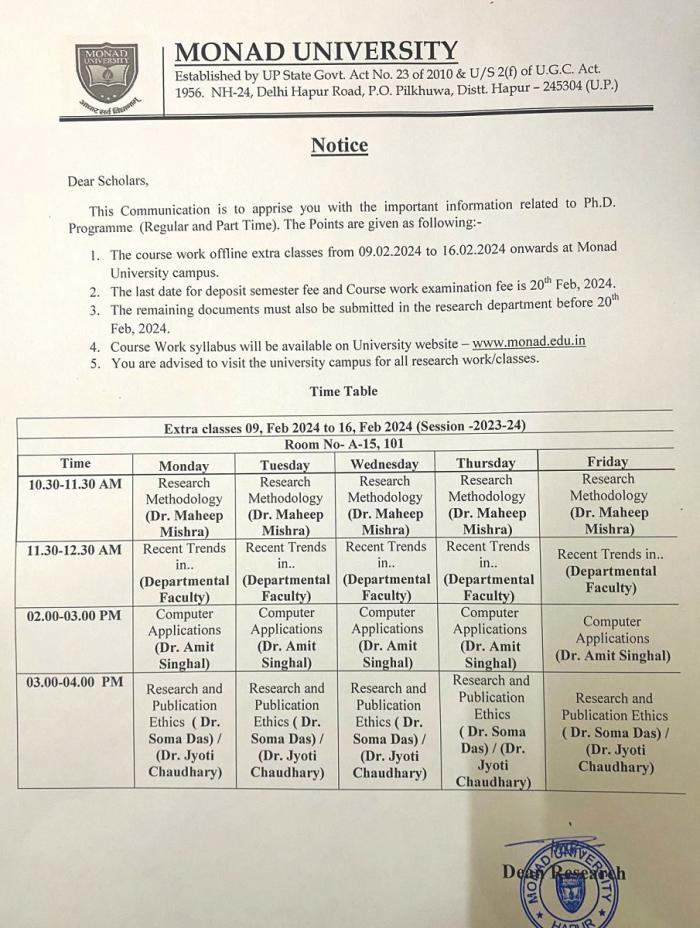 Ph.D Course Work Extra Classes Notice